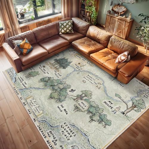 Woodland Green Explorer Area Rug - Pooh Forest 100 Acre Carpet - Landmark Winnie Decor Carpet -Adventure Map Playmat-Bear Themed Cozy Carpet