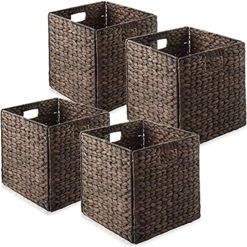 Casafield 12" x 12" Water Hyacinth Storage Baskets, Espresso - Set of 4 Collapsible Cube Organizers, Woven Bins for Bathroom, Bedroom, Laundry, Pantry, Shelves