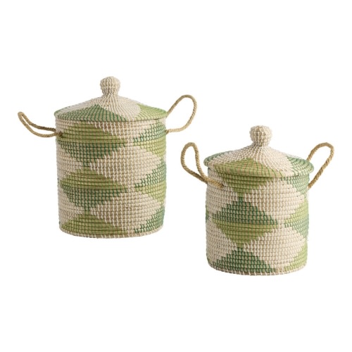 Natural and Green Seagrass Diamond Basket with Lid - World Market - Large