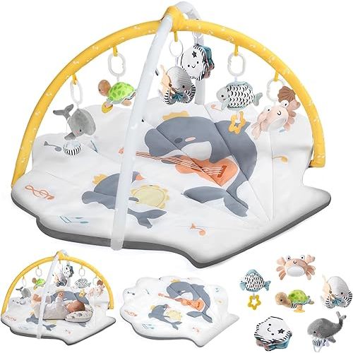 Shell Baby Play Mat, Play Mat for Babies 0-6 6-12 Months, Tummy Time Mat w 6 Detachable Toys, Enlarged Infant Activity Mat for Sensory & Motor Skill Development Boho Ocean Theme Baby Play Gym (White)