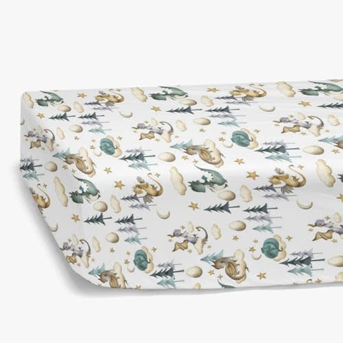 HawSkgFub Watercolor Cute Dragon Fairy Tale Fitted Standard Crib Sheet Baby Boy, Cloud Moon Star Dragons Egg Toddler Mattress Cover, Soft Breathable Stretchy Nursery Bed Sheets Decor Gift 52" x 28"