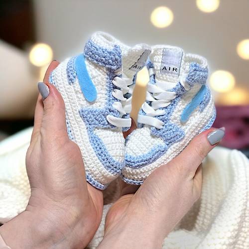 Crochet Baby Soft Blue Jordan-Style Sneakers | Retro Baby Boys Booties | Baby Shower Gift | 0-12 Month Sizes | Eco-Friendly Newborn Shoes