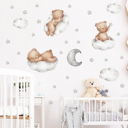 Bear Sleeping on The Moon and Stars Wall Stickers for Kids Baby Room Decor Moon Stars Cloud Baby Nursery Decor Baby Shower Room Interior Decor Kid Bedroom Playroom Wall Decals