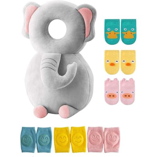 JunNeng Toddler Baby Head Protector Pad Safety Cushion with Knee Pads&Anti-Slip Socks,Elephant