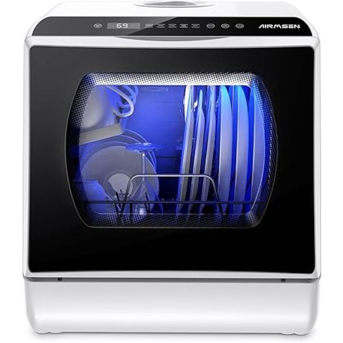 AIRMSEN Portable Countertop Dishwashers, 5 Washing Programs Mini Dishwashers with 5 L Built-in Water Tank and Double-layered Glass Door, No Hookup Needed for Home, Apartments & RVs
