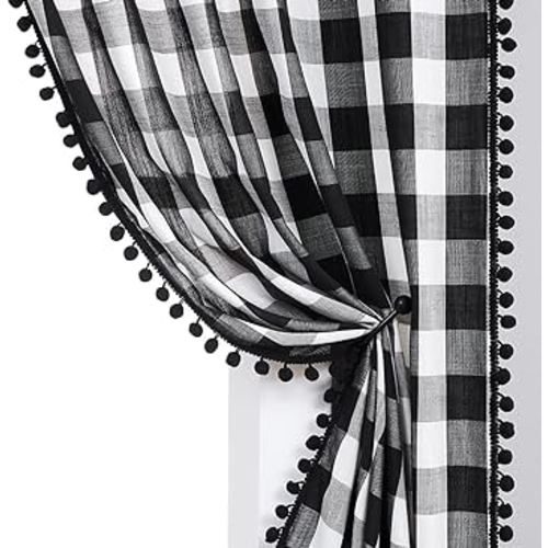 Treatmentex White Black Buffalo Check Curtains 45inch Pom Pom Farmhouse Semi Sheer Plaid Window Curtain Panels for Living Room Bedroom Rustic Country Curtain Rod Pocket 2pcs