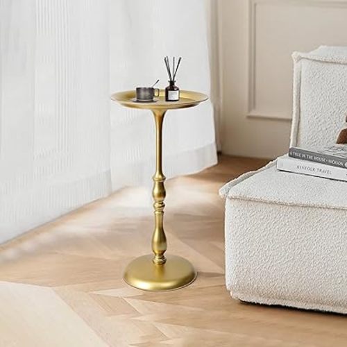 Gold Small Round Metal Side Table, 24.2" Height Vintage Accent End Table for Living Room, Bedroom, or Patio – Sturdy Iron Pedestal Nightstand for Sofa Corner, Bedside, or Outdoor Use