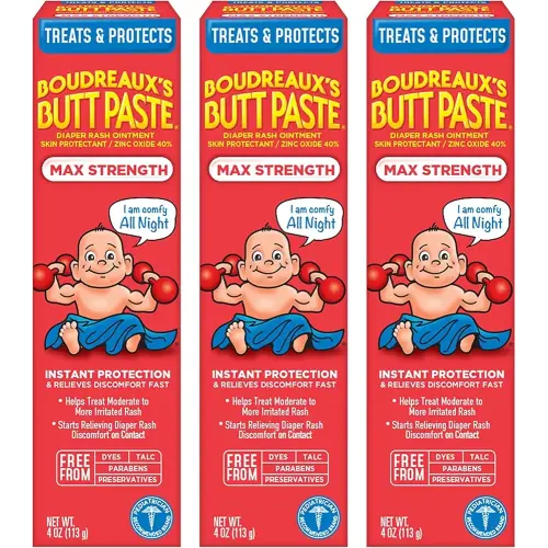 Boudreaux's Butt Paste Maximum Strength Diaper Rash Cream, Ointment for Baby, 4 oz Tube, 3 Pack