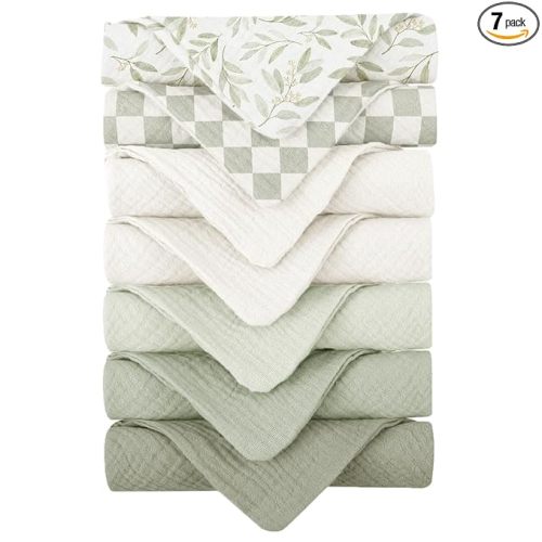 Konssy Baby Muslin Washcloths 7-Pack, 100% Cotton Baby Bath Washcloths, Soft & Absorbent Wash Cloths and Burp Cloths for Newborn Kids Girls & Boys, 11x11 inches