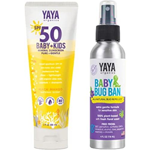 Sun + Bug Protection Bundle for Baby + Kids by YAYA Organics | Reef-friendly SPF 50 Mineral Sunscreen and Deet-free Baby Bug Ban Natural Bug Repellent Spray | Pure and Gentle | 3 oz / 4 oz