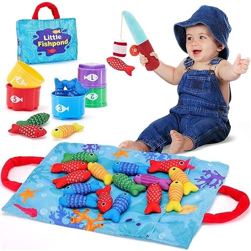 Toddler Toys Montessori Toys for 1 Year Old Boy Girl Birthday Gift -10 in 1 Cloth Fishing Game for Toddlers 1-3 with Stacking Cups- Number Counting, Color Sorting, Shape Learning Baby Toys Baby Gifts