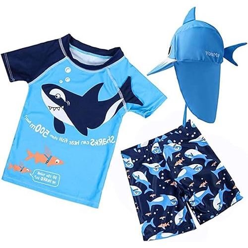 Baby Toddler Boys 3-Pieces Swimsuit Sets Blue Shark Bathing Suit Rash Guards Sunsuit Swimwear with Hat UPF 50+ FBA