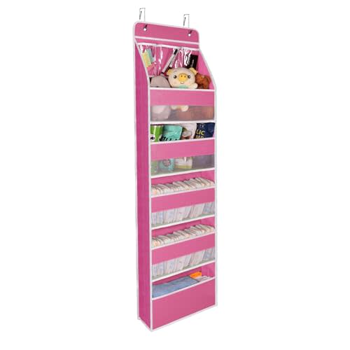 Univivi 6-Shelf Over Door Hanging Organizer Fabric Baby Door Storage with 5 Large Pockets and 3 Small PVC Pockets Wall Mount Hanging Storage Organizers for Baby Essential (Pink)