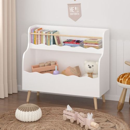 Kids Book Storage Shelf, Wave Shaped Children Bookshelf, Toddler Bookcase Toy Storage Cabinet Organizer for Playroom Bedroom, White