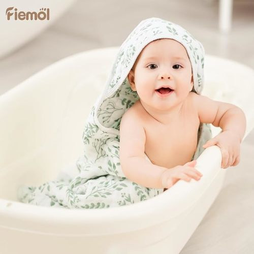Baby Bath Towels, 100% Muslin Cotton Hooded Baby Towels for Newborn, 2 Pack Baby Towels with Hood for Infant Toddler and Kids, Large 32x32Inch, Soft and Absorbent - White Leaf & Green - 32*32 Inch (2 Pack)