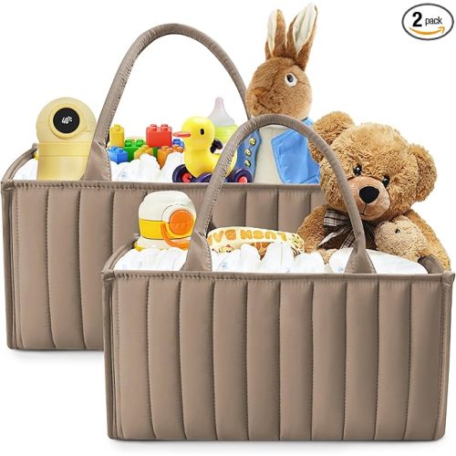 SWEET DOLPHIN 2-Pack Quilted Diaper Caddy Organizer – Premium Puffer Style Nursery Storage Bins – Water-Resistant & Wipeable Changing Table Organizer – Trendy Tote for Home & Car Travel - Mocha Brown