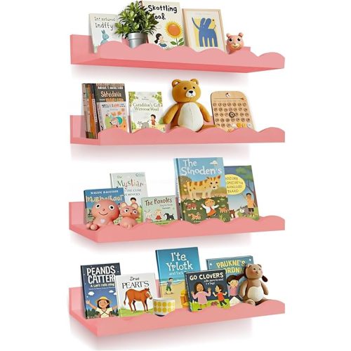 Nursery Book Shelves, 4 Pack Pink Floating Shelves for Wall, Wood Scalloped Shelves for Storage Books, Wall Book Shelf for Kids Rooms, Bedroom, Toddler Room, Baby Room, Nursery Decor