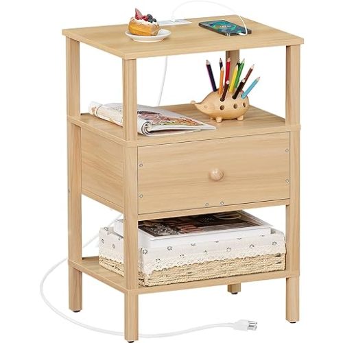 Lerliuo Nightstand with Charging Station and USB Ports, 3-Tier Storage End Table with Drawer Shelf, Night Stand for Small Spaces, Wood Bedside Table for Living Room, Bedroom - Natural Wood