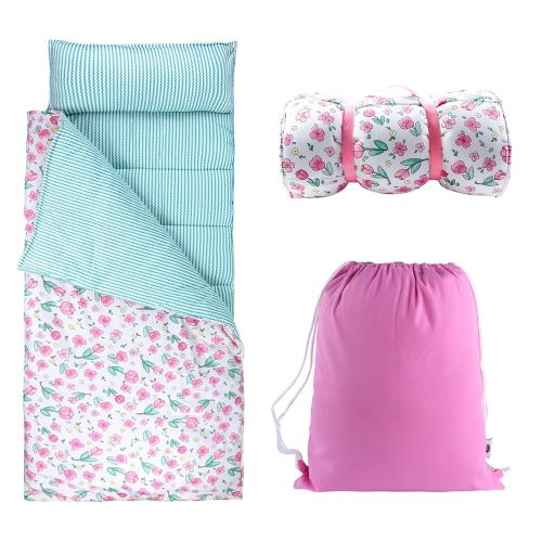 Toddlers Nap Mat with Removable Pillow and Soft Blanket, Lightweight Daycare Preschool Kindergarten Sleeping Bag, Travel Slumber for Kids Girls Boys