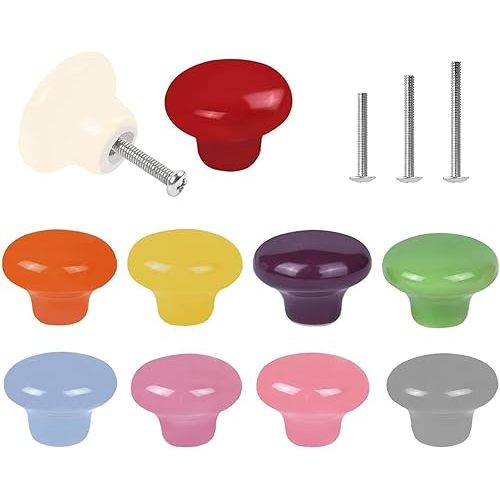 10x Colorful Cute Glossy Ceramic Knobs Door Pull Knob Cabinet Round Ceramic Drawer Cupboard Kitchen Dresser Kids Child Pulls Wardrobe Handles 32mm/1.25"