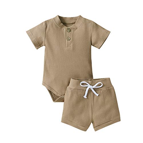 Ledy Champswiin Summer Newborn Baby Boy Girl Clothes Set Ribbed Outfits Unisex Infant Solid Short Sleeve Tops Shorts 2PCS