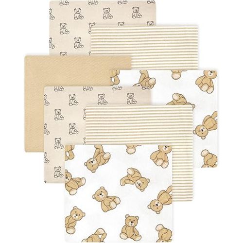 Little Treasure Hudson Baby Cotton Poly Flannel Receiving Blankets Multipack, Brown Teddy Bears, 30x30 inches