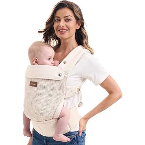 Momcozy Breathable Baby Carrier, Ergonomic and Lightweight Infant Carrier for 7-45lbs with Enhanced Lumbar Support, All Day Comfort for Hands-Free Parenting, Air Mesh-Apricot