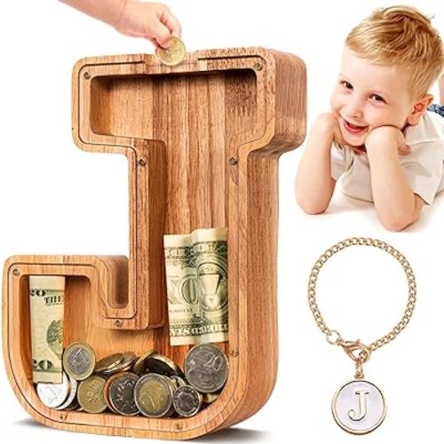 SummiDate Wooden Letter Piggy Bank| Piggy Bank for Boys Girls Toddler| Alphabet J Money Bank| Coin Bank Birthday Gift for Kids|Birthday Easter Gifts for Kids (J)