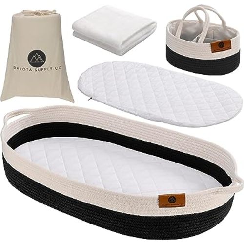 Baby Changing Basket, Moses Diaper Basket w/Foam pad, 2 Waterproof Covers, Blanket, Diaper Caddy Organizer, Table/Dresser/Nursery Topper, Boho Bassinet Station Woven Rope Tray, Storage (Black)