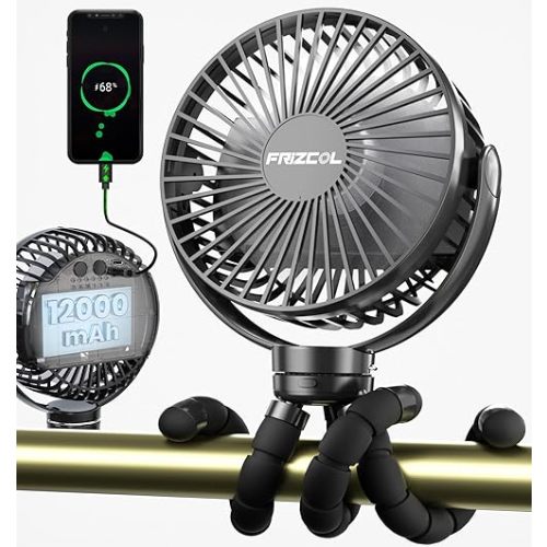 FRIZCOL Portable Stroller Fan, Use As Power Bank, 65H 12000mAh Battery Operated Fan Flexible Tripod Baby Car Seat Fans with Timming, Personal Mini Handheld/Desk/Small Clip On Fans For Stroller