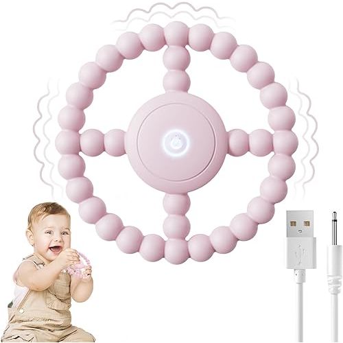 Vibrating Sensory Teething Toys, Soothing Chew Ring for Babies 6-18 Months, Autism Support & Oral Development, USB Rechargeable Teether for Toddlers, 1-2 Year Old Boys Girls Gifts idea (Pink)