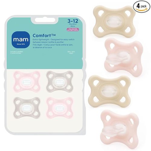 MAM Comfort Baby Pacifiers 3-12 Months Babies, Lightweight One-Piece Full Silicone Binky, BPA-Free Nipple, Easy to Clean Pacifier, Best for Breastfed Babies, 4 Count, Made in Europe