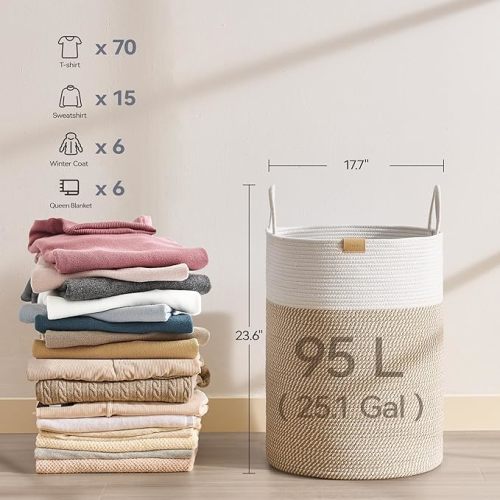 95L Laundry Hamper Basket,Baby Nursery Woven Storage Basket for Toys Bin,Pillows,Blankets,Clothes,Brown&White