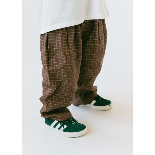 Baggy Linen Check Pants - Brown