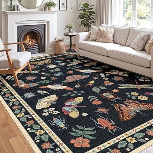Rugs for Living Room 8x10 - Large Moody Black Washable Rug Soft Boho Floral Nursery Area Rug Non Slip Stain Resistant Modern Insect Print Floor Carpet for Bedroom Dining Room Home Office Decor