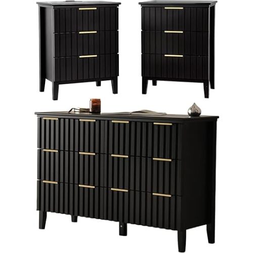 LAZZO 3 Piece Dresser and Nightstand Sets Modern Fluted Bedroom Set with 6 Drawer Dresser & 2 Nightstands,MDF Wood, Gold Handles, Black Finish, Storage Furniture for Bedroom, Closet, Apartment