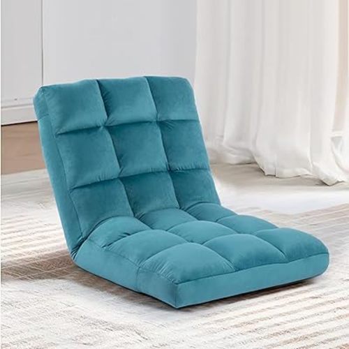Floor Chair, 24 inches Wide Oversized Velvet Armless Lay Flat Floor seat Padded Meditation Chair with 6 Adjustable Position Ergonomic Comfortable Convenient(LRSF-010-BLUE)