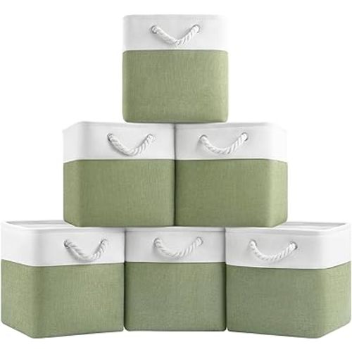 11x11 Cube Storage Bins, 6 Pack Foldable Fabric Organizer Bins with Rope Handles, Storage Cubes for Organizing Bedroom, Living Room, Clothes and Toys, Shelves and Closet (White & Green)