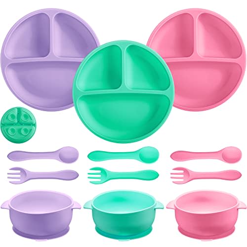 9 Pcs Silicone Baby Toddler Suction Plates Baby Bowls with Suction Toddler Bowls Set Kids Utensils Divided Plate Baby Boy Girl Feeding Set with Spoon Fork Dishwasher and Microwave Safe (Fresh Colors)