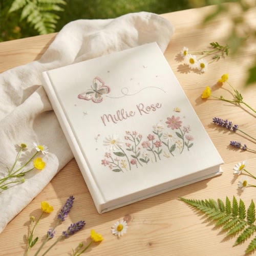 Hand Embroidered Baby Photo Album, Personalized Keepsake, Custom Cover, Floral Butterfly Design