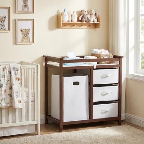 GarveeHome Modern Baby Changing Table with Laundry Hamper & 3 Drawers - Solid Wood Nursery Dresser Supports 40 Lbs, with Safety Strap & Waterproof Pad, Storage Organizer for Diapers, Clothes & Toys