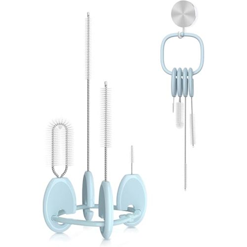 YOTIME Vertical Straw and Lid Brush Set, with Locking Ring Base, for Baby Bottles, Sippy Cups & Kids' Straw Cups, Blue