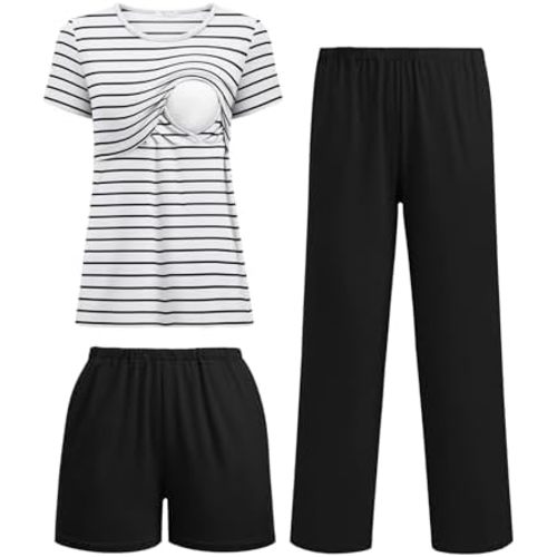 Ekouaer 3 Piece Postpartum Nursing Pajamas Set Short Sleeve Breastfeeding Shirts Pregnancy Shorts & Pants Maternity Pjs