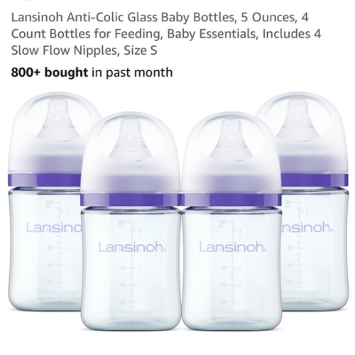 Lansinoh Anti-Colic Glass Baby Bottles, 5 Ounces, 4 Count Bottles for Feeding, Baby Essentials, Includes 4 Slow Flow Nipples, Size S