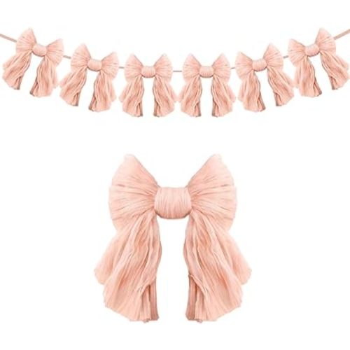 1 String of 6 Peach Bows Garland Banner Decoration, Adjustable Pre-Strung Ornaments for Birthday, Bachelorette Party, Bridal Shower, Wedding, Engagement, Baby Shower, Graduation Decor, Anniversary