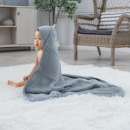 Comfy Cubs 2 Pack Baby Hooded 9 Layer Muslin Cotton Towel for Kids, Large 32” x 32”, Ultra Soft, Warm, and Absorbent. Baby Essentials Bath Towels, Cute Unisex for Girls and Boys (2 Pack, Pacific Blue)