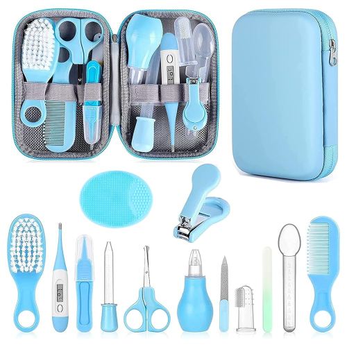 Baby Grooming Kit, Infant Safety Care Set with Hair Brush Comb Nail Clipper Nasal Aspirator,Baby Essentials Kit for Newborn Girls Boys (Blue)