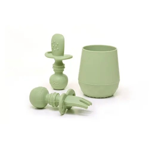 Tooshka® Baby Utensil Set (3 pcs) - Self Feeding Spoons and Tiny Cup - Silicone & BPA Free - Baby-Led Weaning (BLW) Supplies - Ages 6+ Months - Green Baby Cup & Utensils