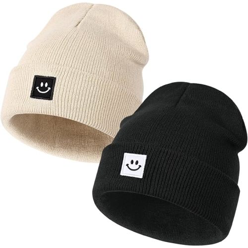 DANMY Baby Beanie Hat, Newborn Toddler Winter Warm Knit Hat, Kids Soft Beanie Cap - 1-6 Years - 2pcs- Beige & Black
