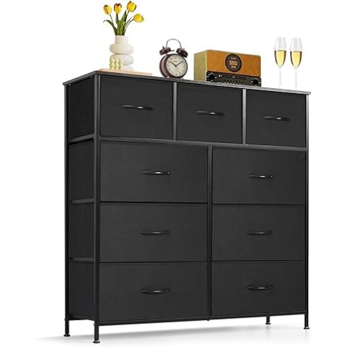 9-Drawer Dresser for Bedroom, Anti-Tip Tall Storage Organizer Chest of Drawers with Wooden Top and Metal Frame Fabric Bins for Closet, Living Room, Hallway, Entryway, Black